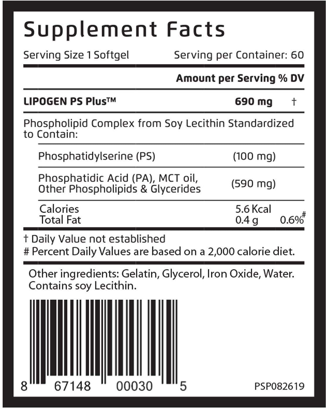 Close-up of Lipogen PS Plus softgels highlighting 100 mg phosphatidylserine.