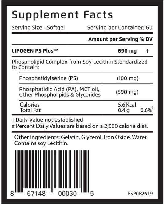 Close-up of Lipogen PS Plus softgels highlighting 100 mg phosphatidylserine.