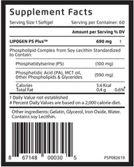 Close-up of Lipogen PS Plus softgels highlighting 100 mg phosphatidylserine.