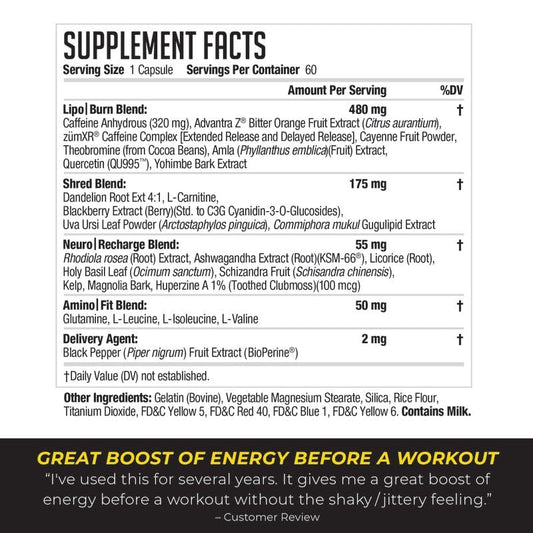 Close-up of LIPORUSH NDS Nutrition XT capsules showing compact thermogenic formula.