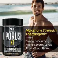 Packaging flat lay of LIPORUSH NDS Nutrition XT bottle and box.