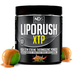 Liporush XTP bottle front showing caramel apple flavor for energy and focus