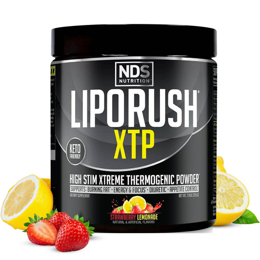 Liporush XTP bottle and scoop ready for energy and focus