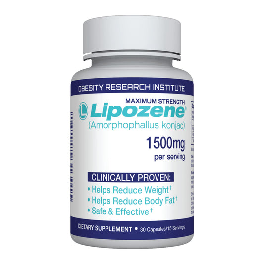 Lipozene bottle front with 30 capsules, signaling non-stimulant fiber support for fullness.