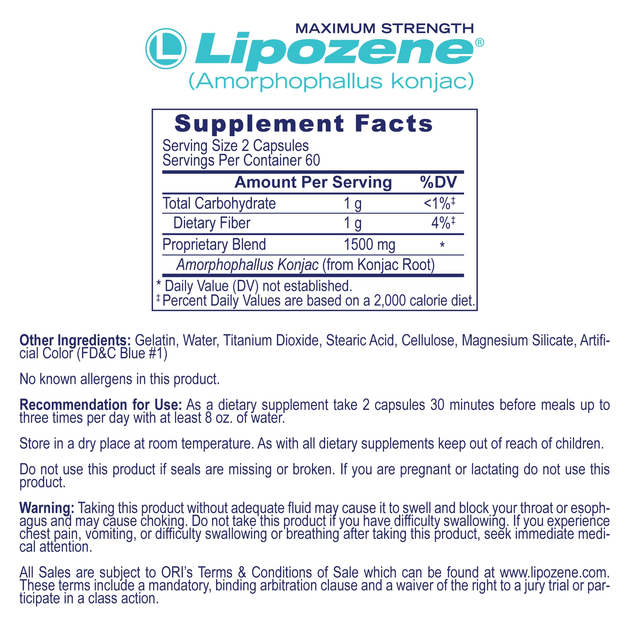 Lipozene capsules show 1,500mg glucomannan per serving for daily appetite support.