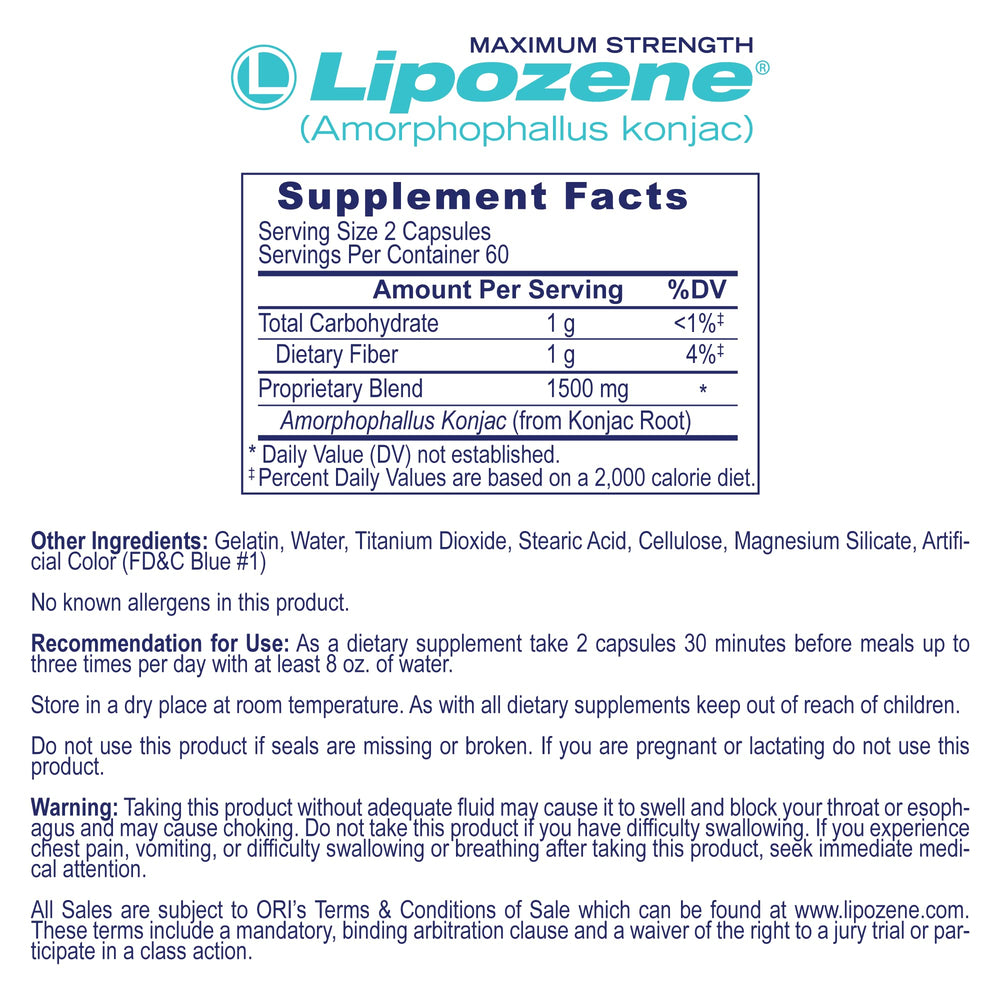 Lipozene capsules show 1,500mg glucomannan per serving for daily appetite support.