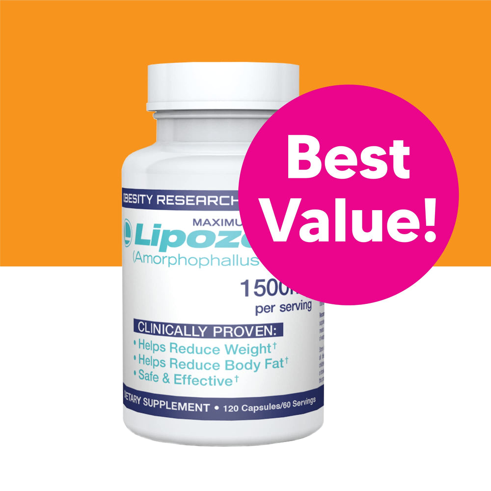 Lipozene MEGA bottle label closeup shows glucomannan blend.