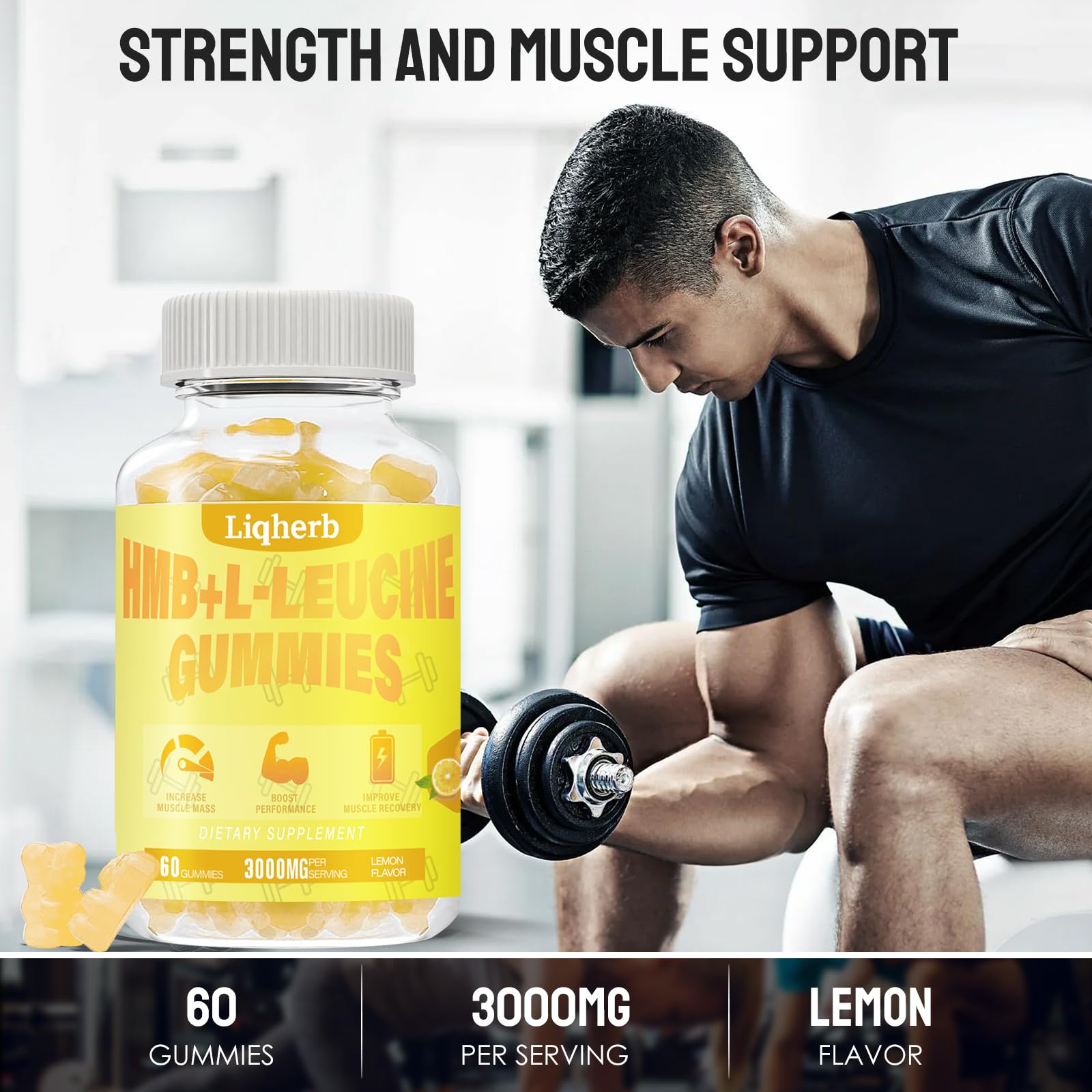 Liqherb HMB and Leucine gummies close-up shows chewy texture and lemon flavor.