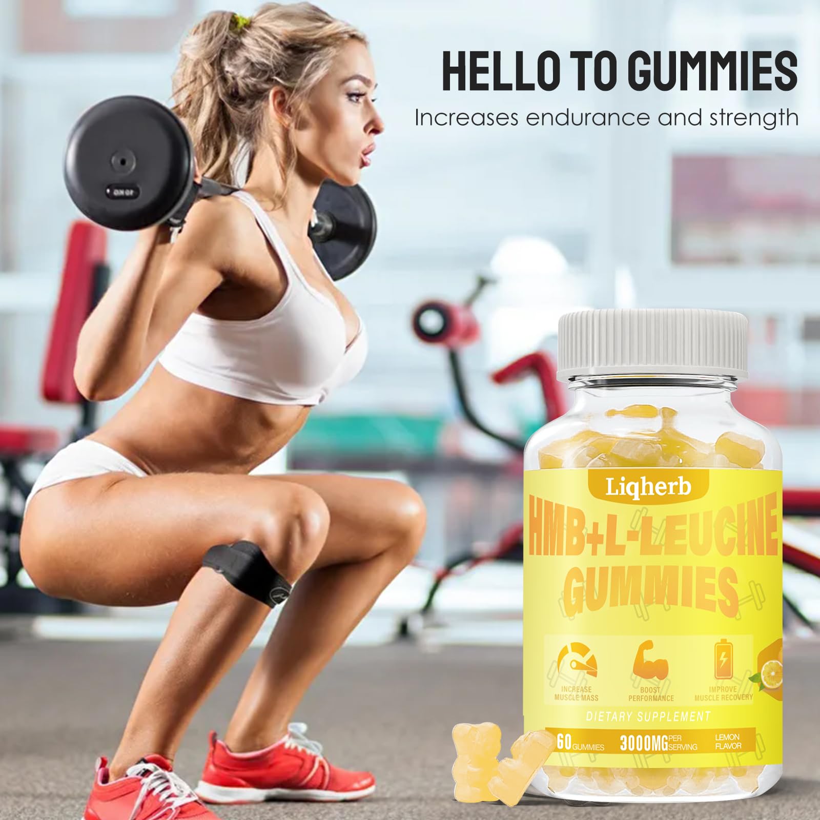Liqherb HMB and Leucine gummies vegan, gluten-free label underscores purity.