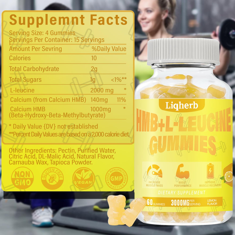 Liqherb HMB and Leucine gummies with water highlight hydration-friendly use.