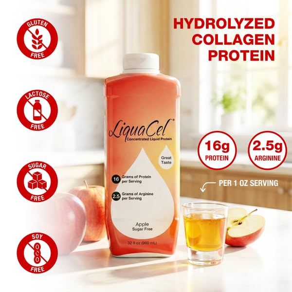 LiquaCel Apple bottle label close-up showing protein content