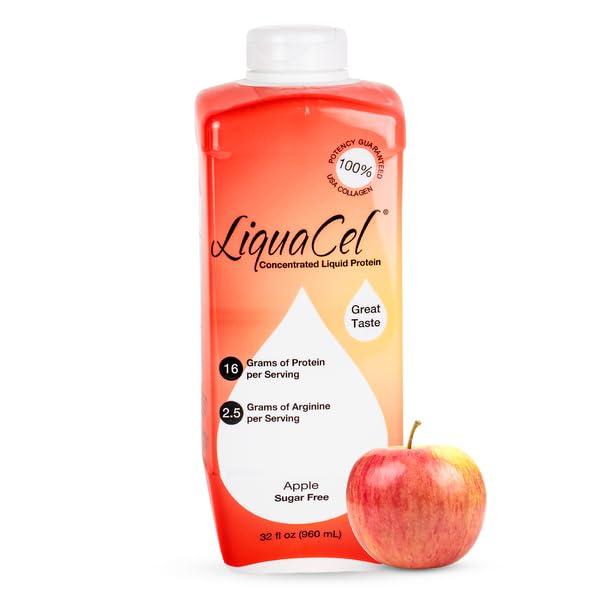 LiquaCel Apple flavored liquid protein bottle on counter for easy daily nutrition