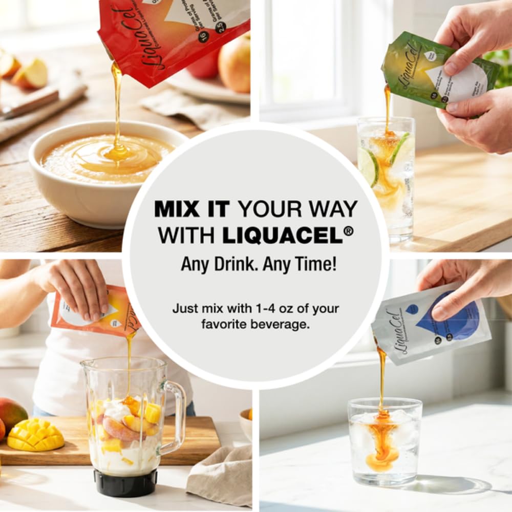 LiquaCel Apple 1 oz packet blends into drinks for simple protein support.