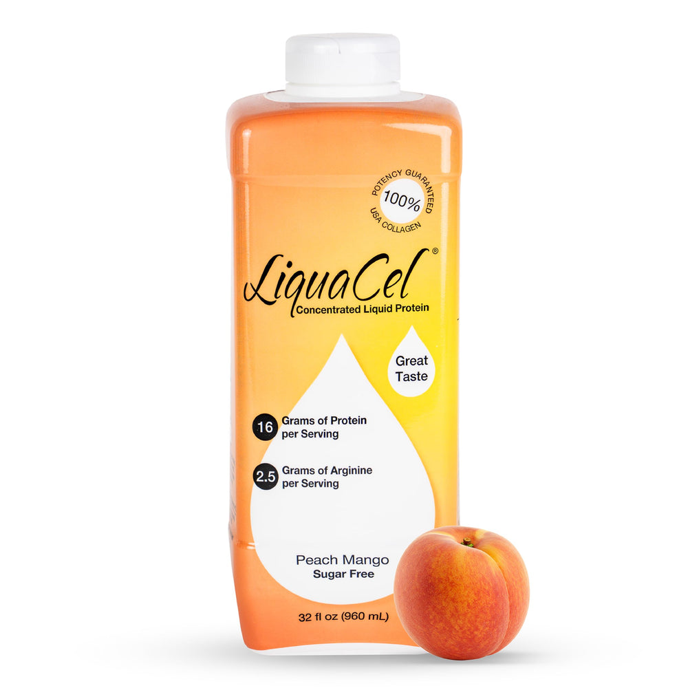 LiquaCel concentrated liquid protein bottle shows peach mango flavor for easy daily protein intake