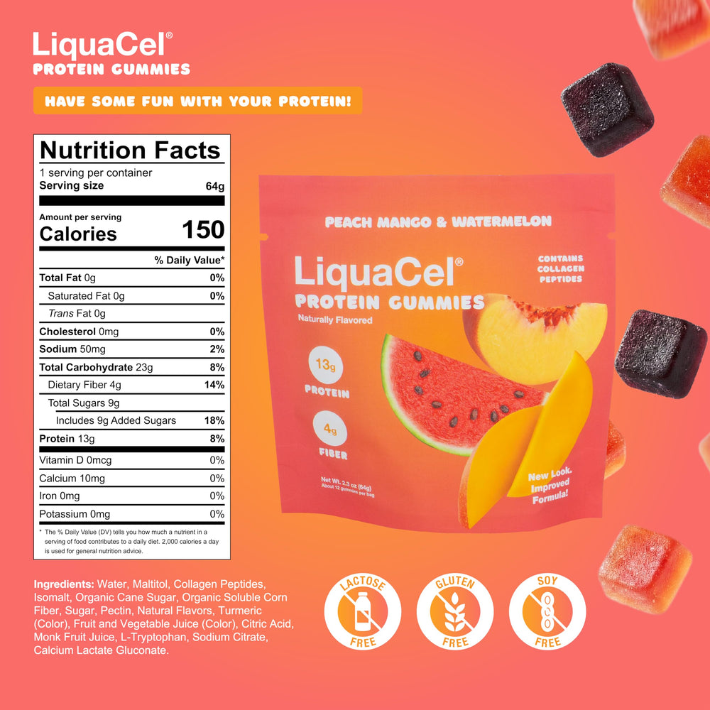 LiquaCel gummies in a 12-count pack for easy daily protein