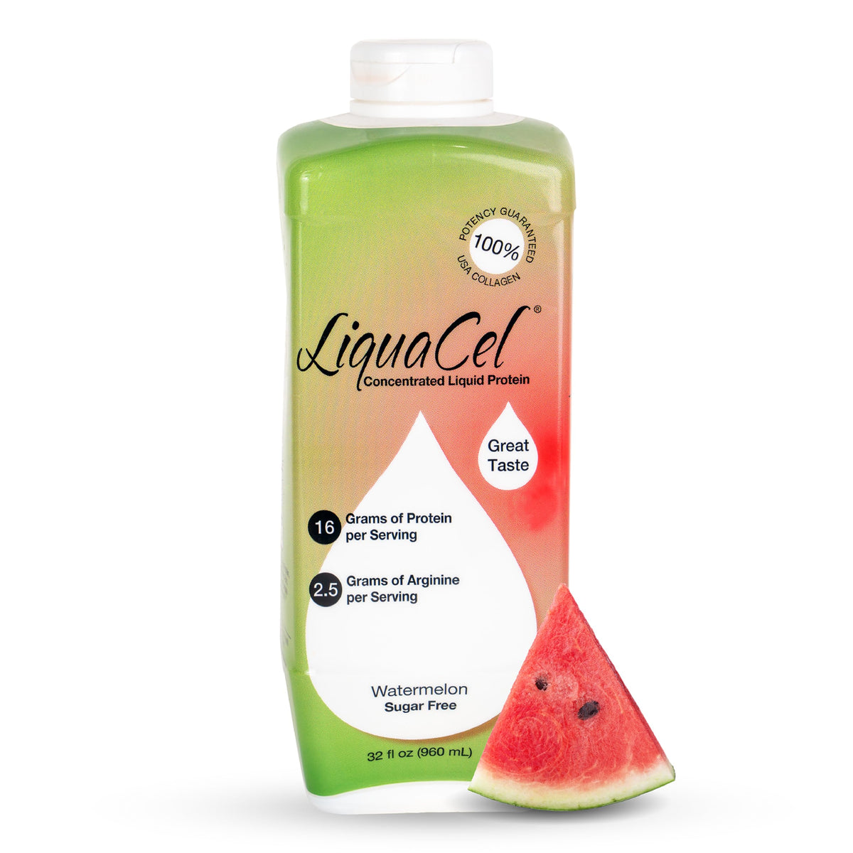 LiquaCel Watermelon bottle ready for on-the-go protein support.