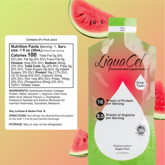LiquaCel Watermelon pour into glass demonstrating easy mixing for quick protein intake.