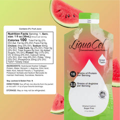 LiquaCel Watermelon pour into glass demonstrating easy mixing for quick protein intake.