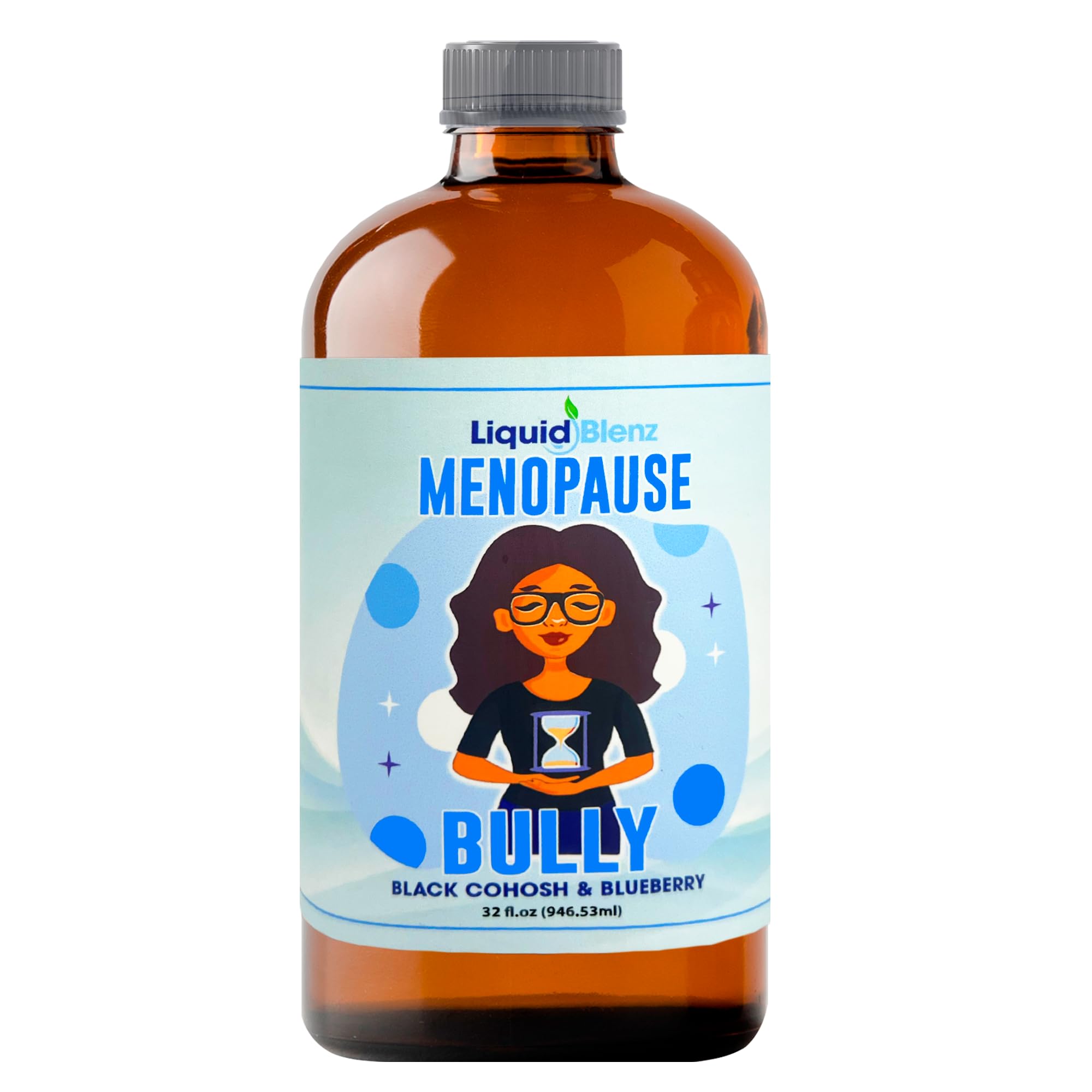 LIQUID BLENZ Menopause Bully bottle close-up showing natural herbal formula for balance
