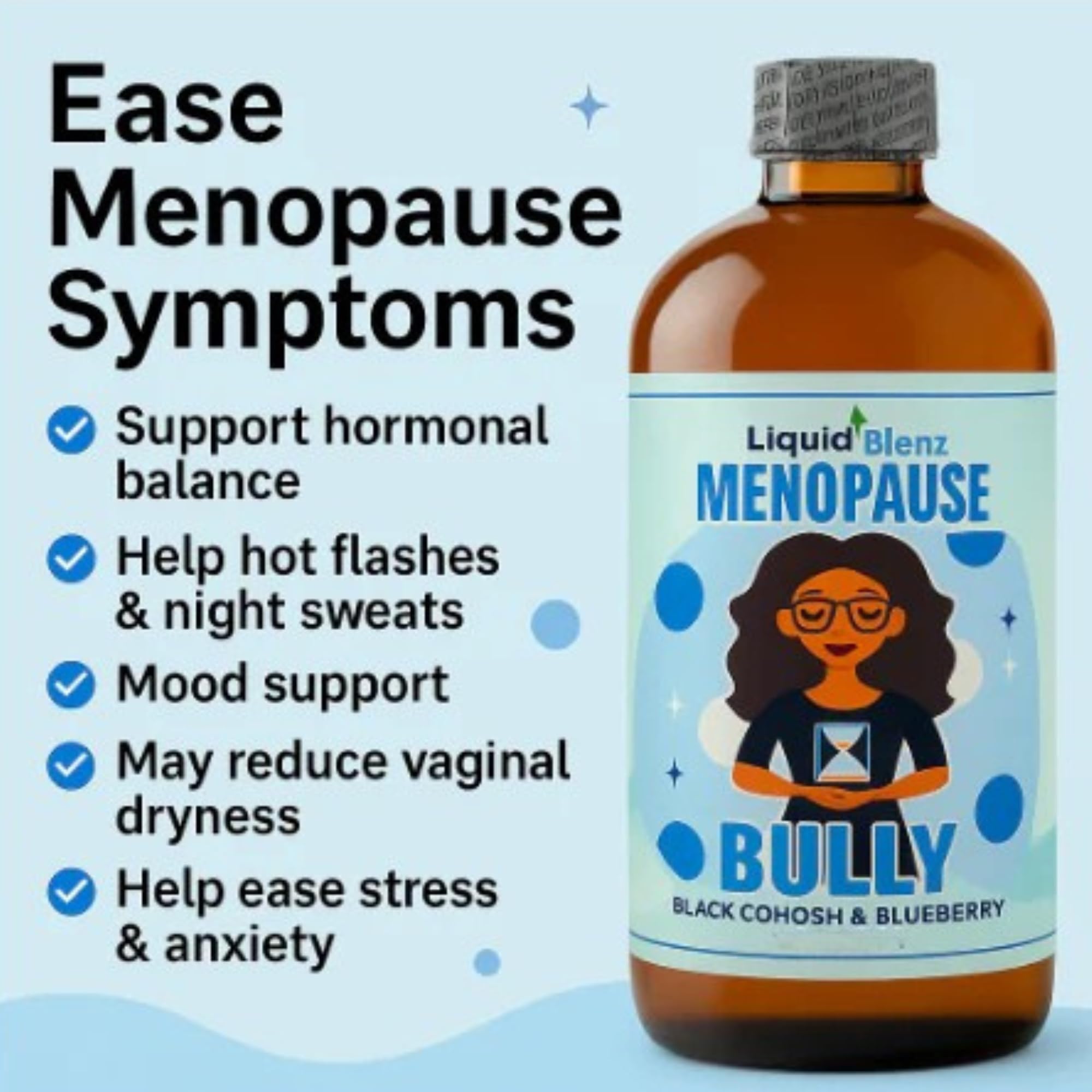 LIQUID BLENZ Menopause Bully bottle with glass illustrating serving size