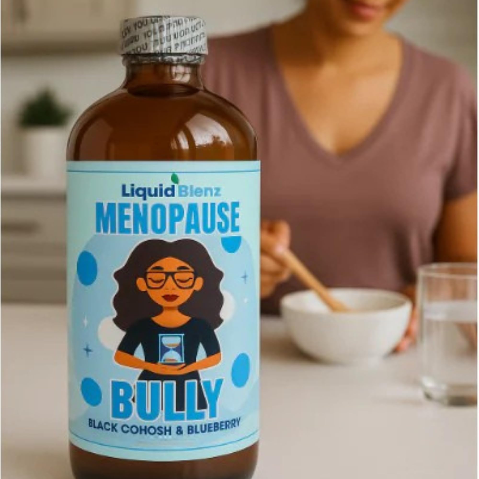 LIQUID BLENZ Menopause Bully packaging box emphasizing USA-made quality
