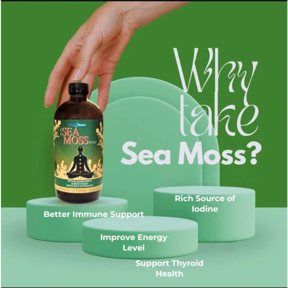 LIQUID BLENZ Sea Moss Tonic bottle on countertop ready for use.