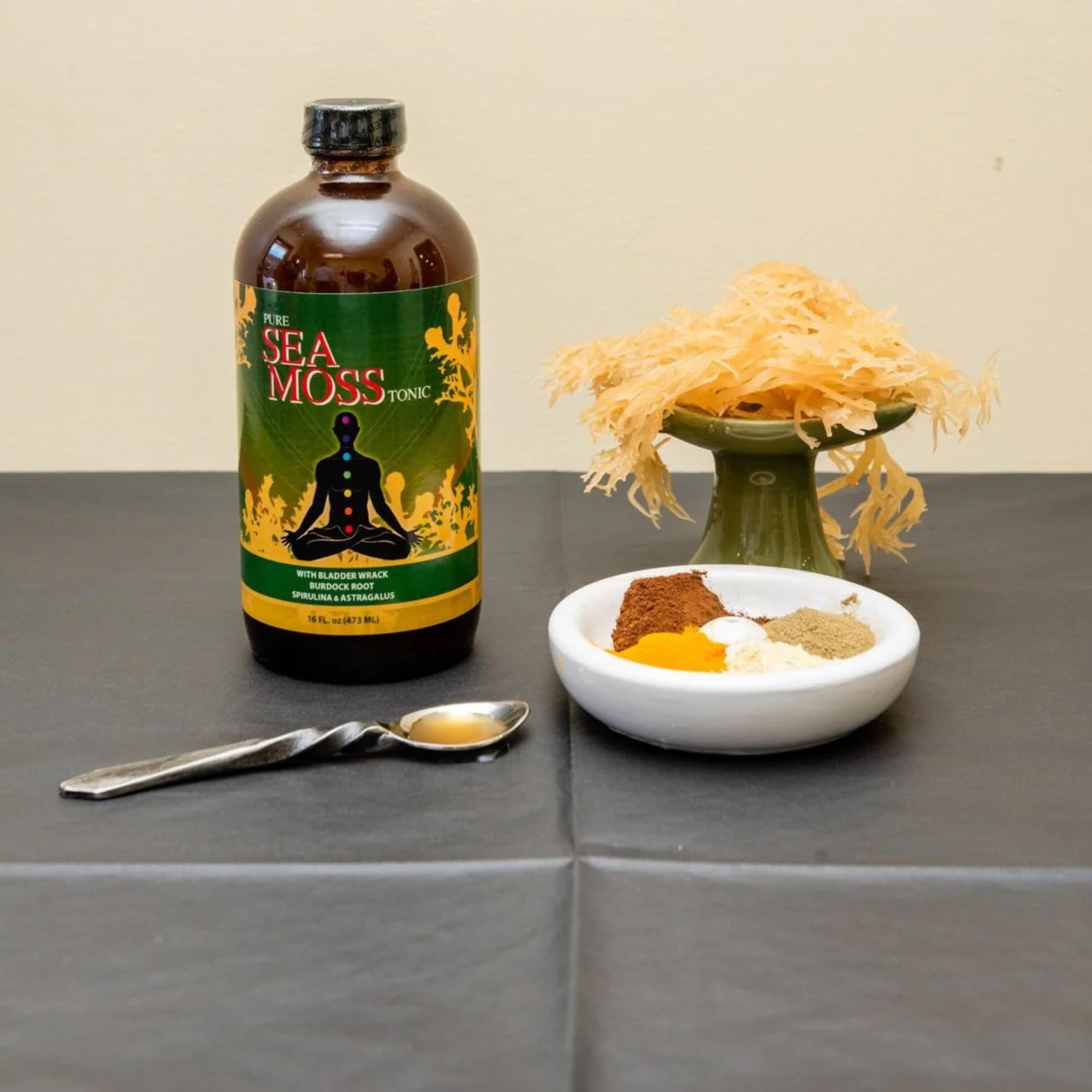 LIQUID BLENZ Sea Moss Tonic routine setup on kitchen counter.