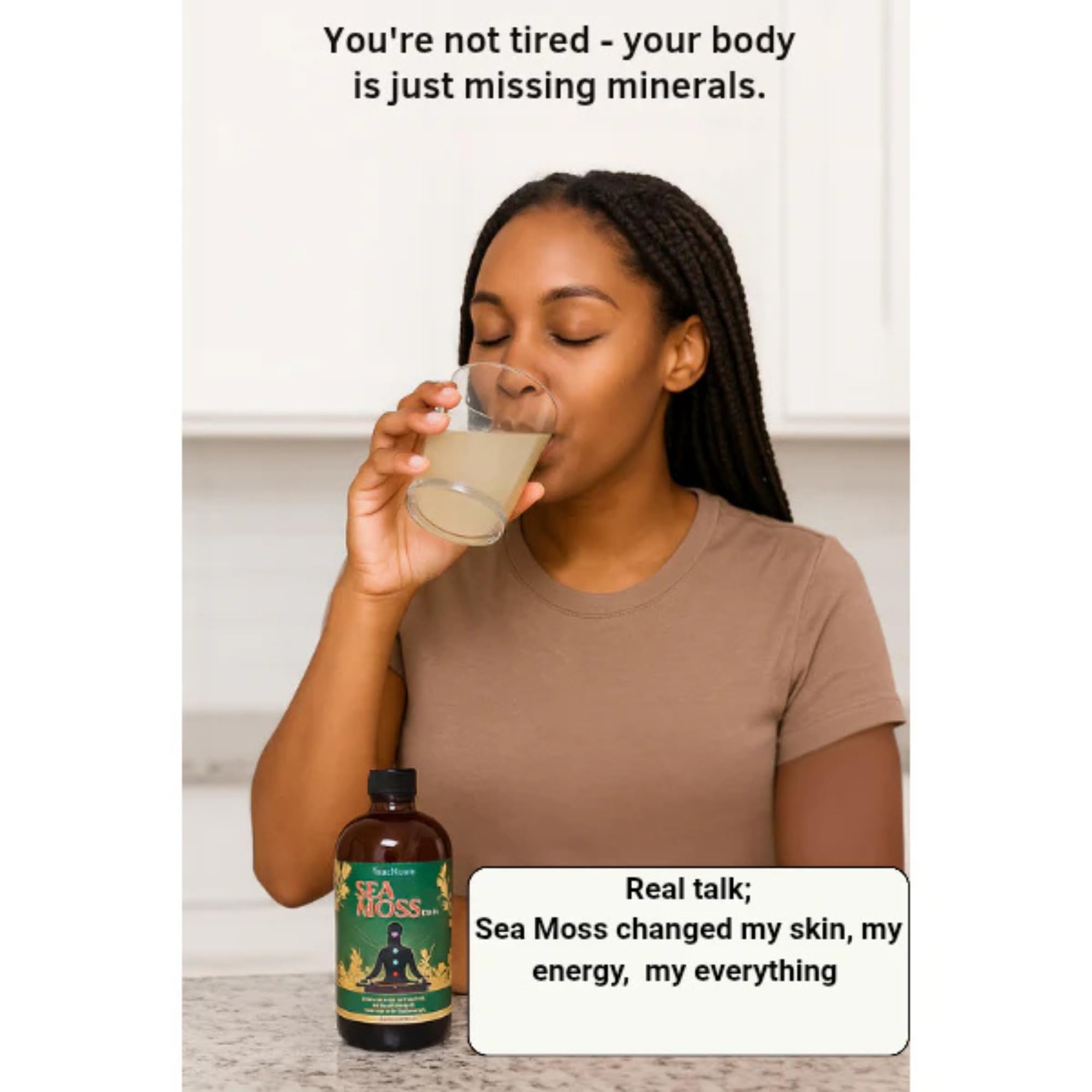LIQUID BLENZ Sea Moss Tonic ingredients graphic highlighting botanicals.
