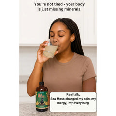 LIQUID BLENZ Sea Moss Tonic ingredients graphic highlighting botanicals.