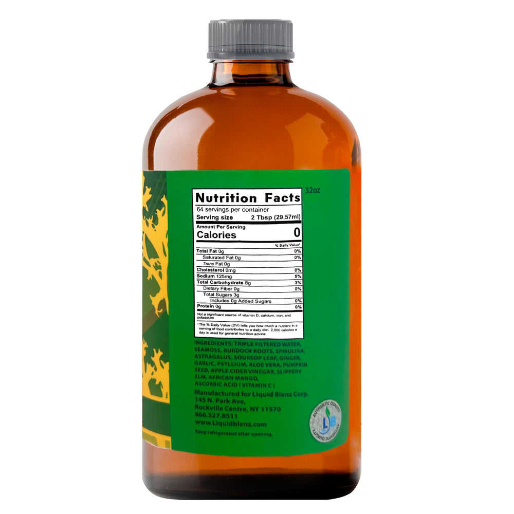 LIQUID BLENZ Sea Moss Tonic label front displaying natural ingredients.