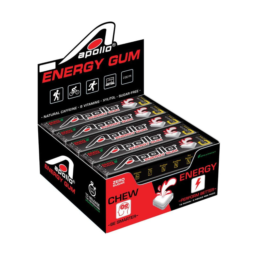 Liquid Core Apollo Energy Gum pack shot showing portable energy and sugar-free formula.