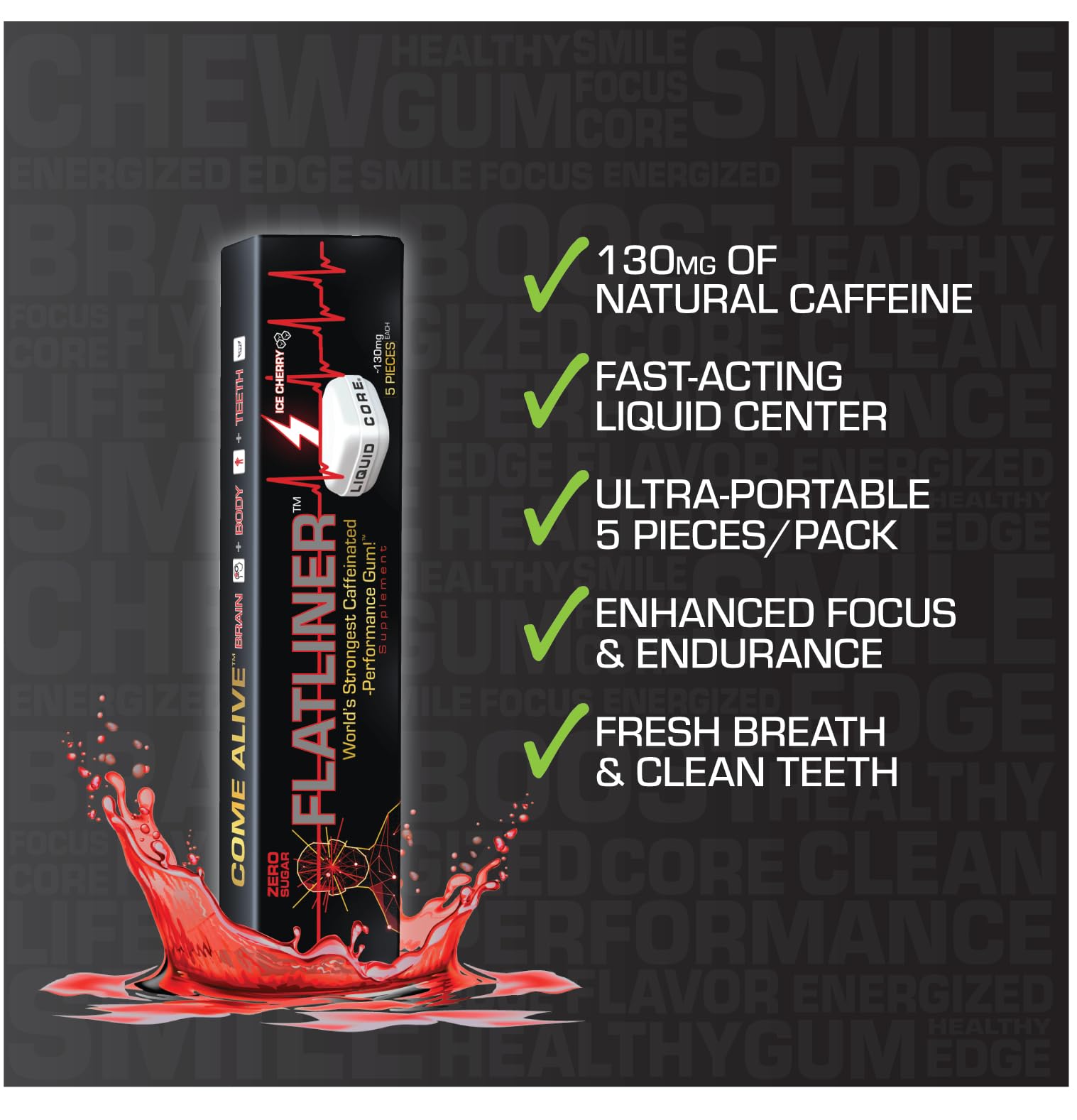 Liquid Core FLATLINER gum piece close-up with liquid center for flexible dosing