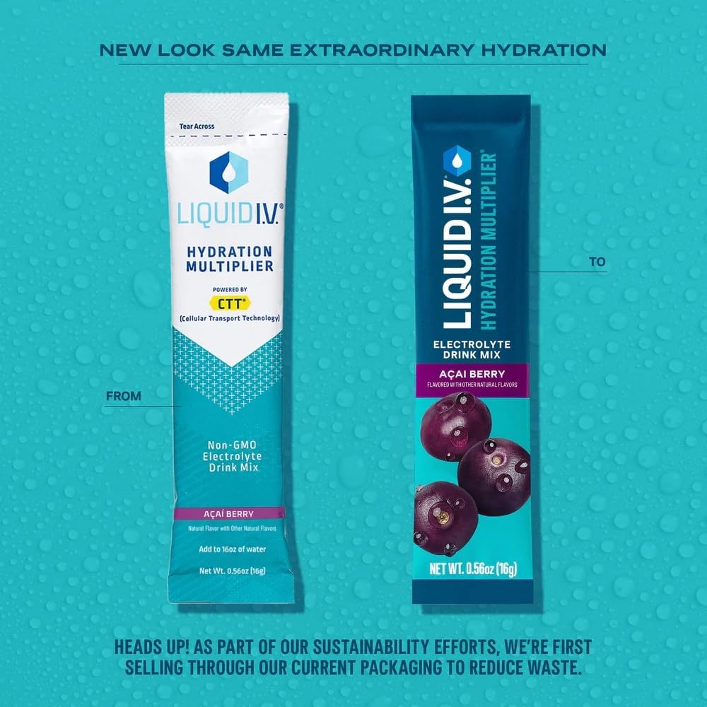 Liquid I.V. Acai Berry prepared drink in glass ready to sip for hydration