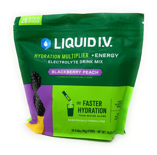Liquid I.V. Hydration Multiplier Blackberry Peach pouch for convenient on-the-go hydration.