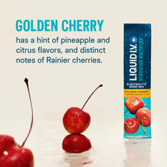 Golden Cherry Liquid I.V. being poured into water for fast electrolytes.