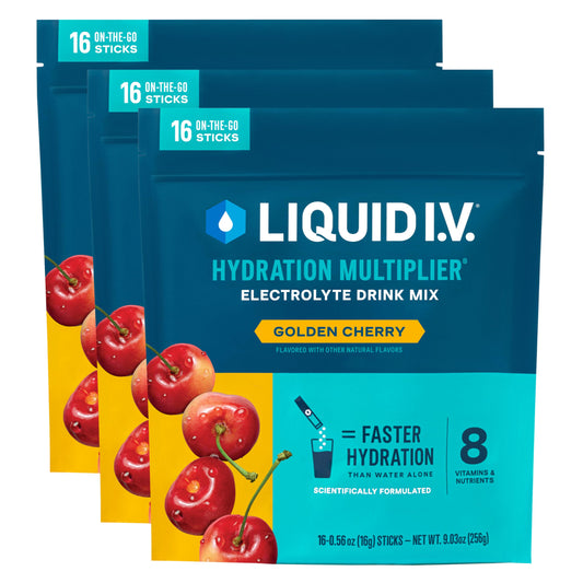Liquid I.V. Golden Cherry packet ready to mix for quick hydration on the go.