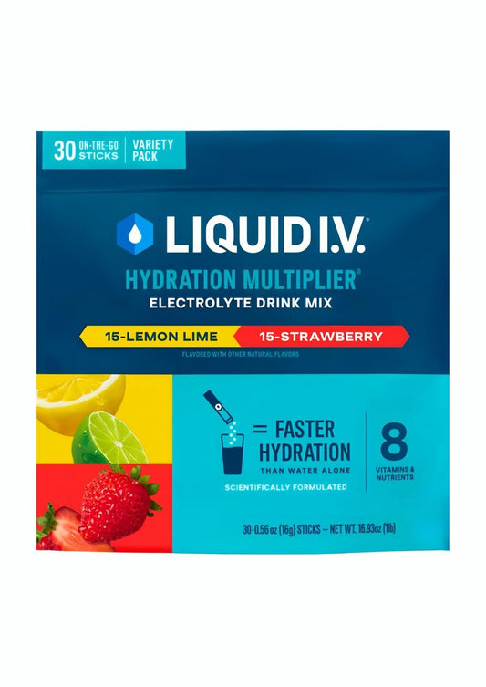 Liquid I.V. Hydration Multiplier lemon-lime packets for fast hydration on hot days.