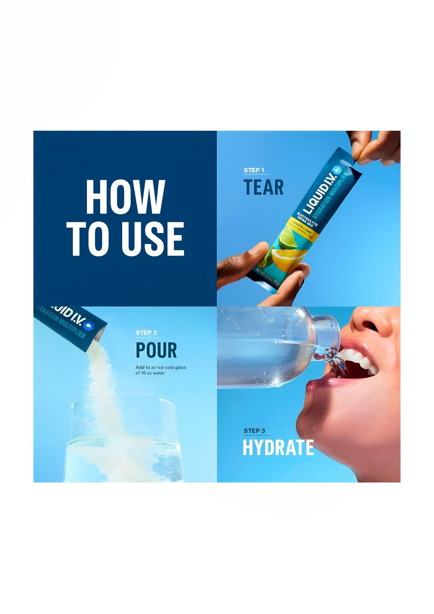 Liquid I.V. Hydration Multiplier glass pouring powder into water for quick mixing.