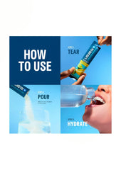 Liquid I.V. Hydration Multiplier glass pouring powder into water for quick mixing.