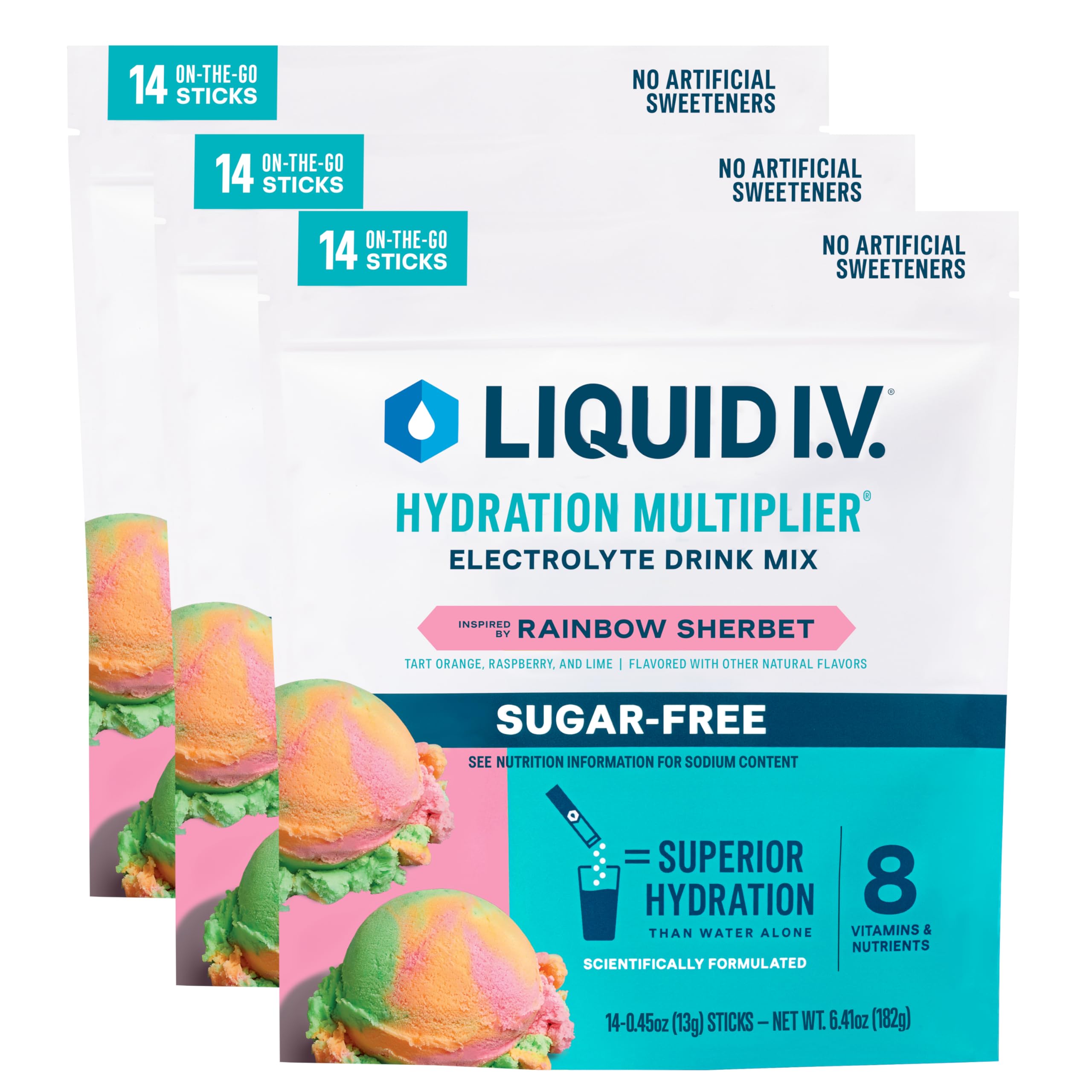 Liquid I.V. Rainbow Sherbet sugar-free 3-pack ready for on-the-go hydration
