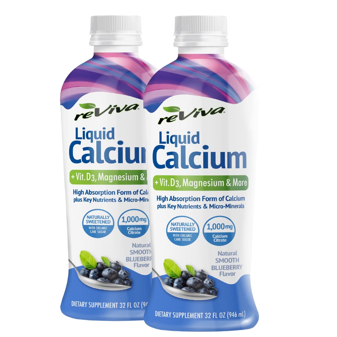 Liquid ReViva Calcium Twin Pack bottle front, gluten-free daily supplement.