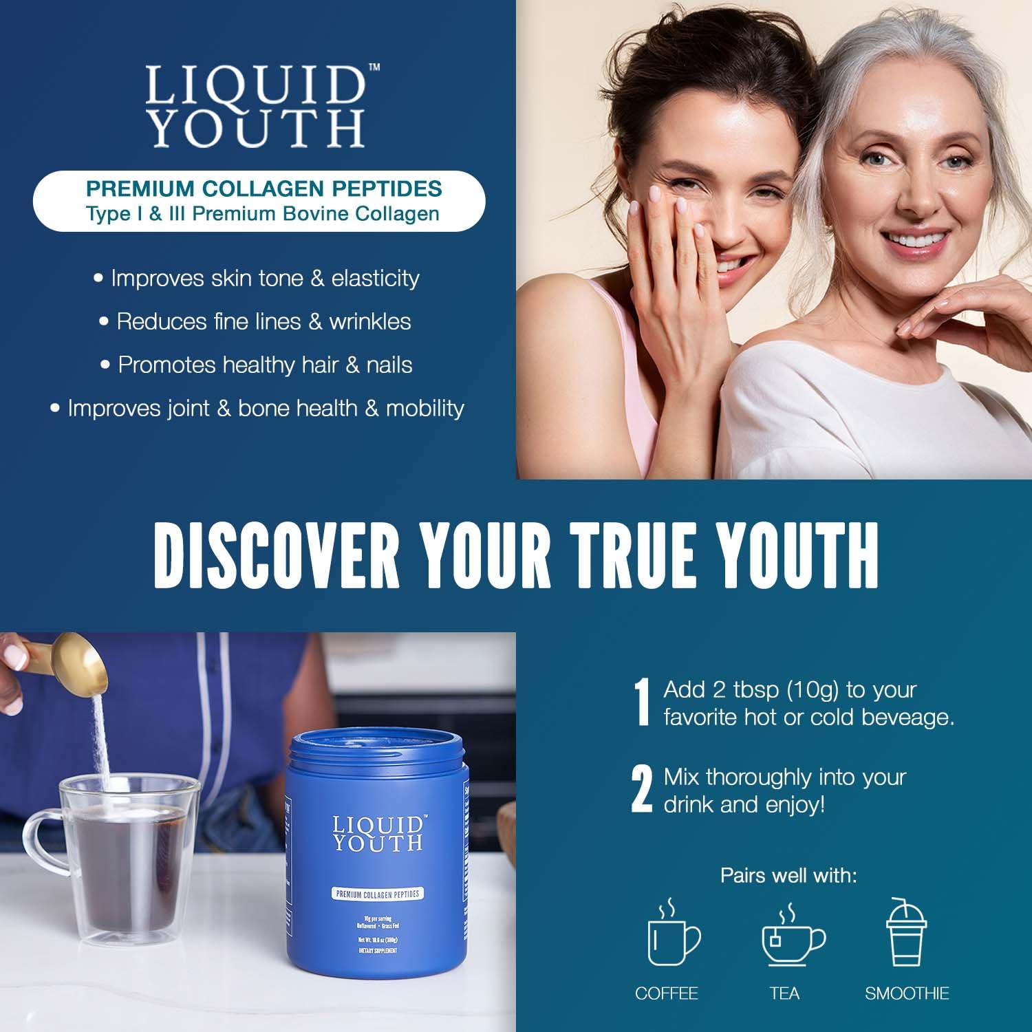 LIQUID YOUTH collagen powder blended into smoothie, boosts texture and nutrition