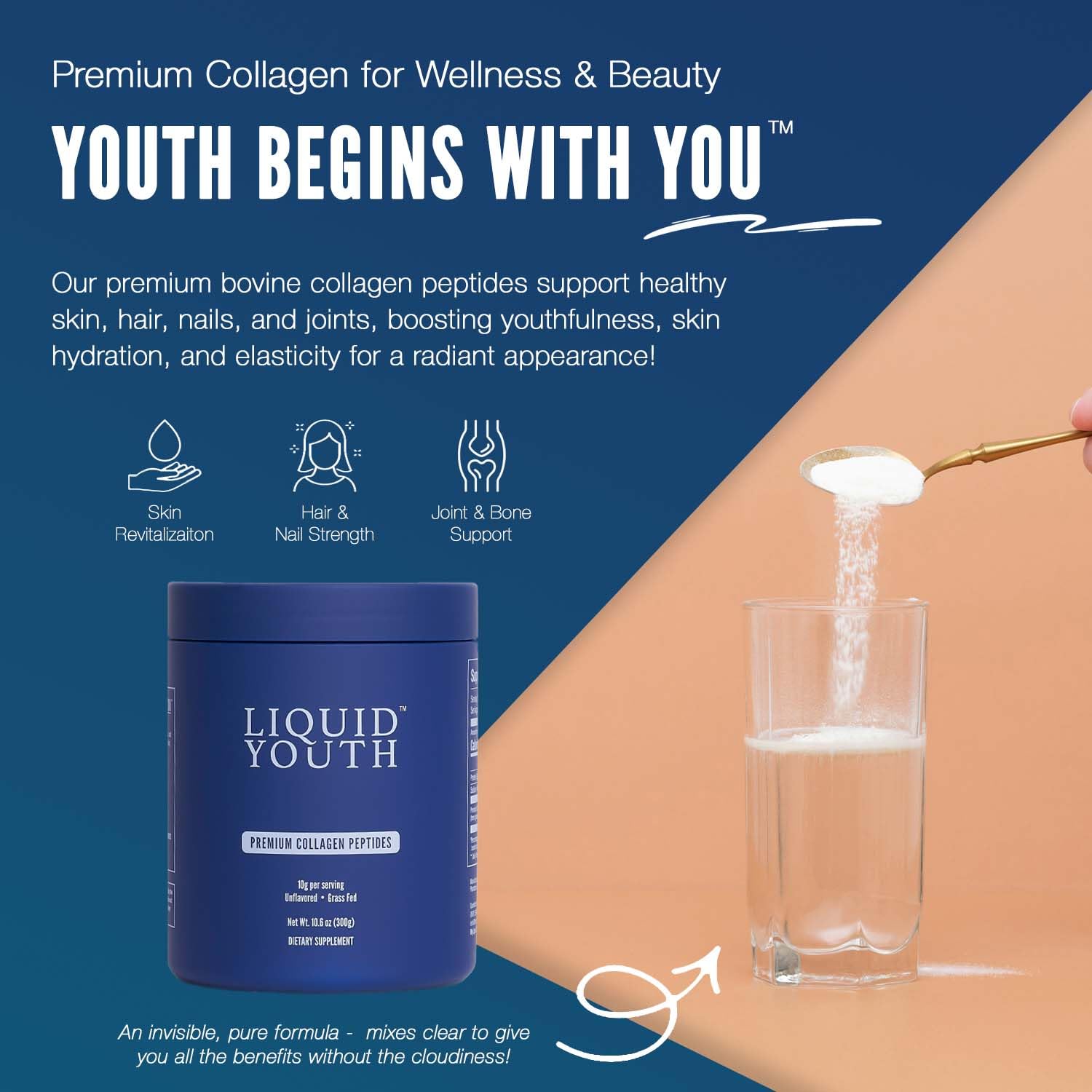 LIQUID YOUTH collagen powder scoop, convenient measure for 10g servings