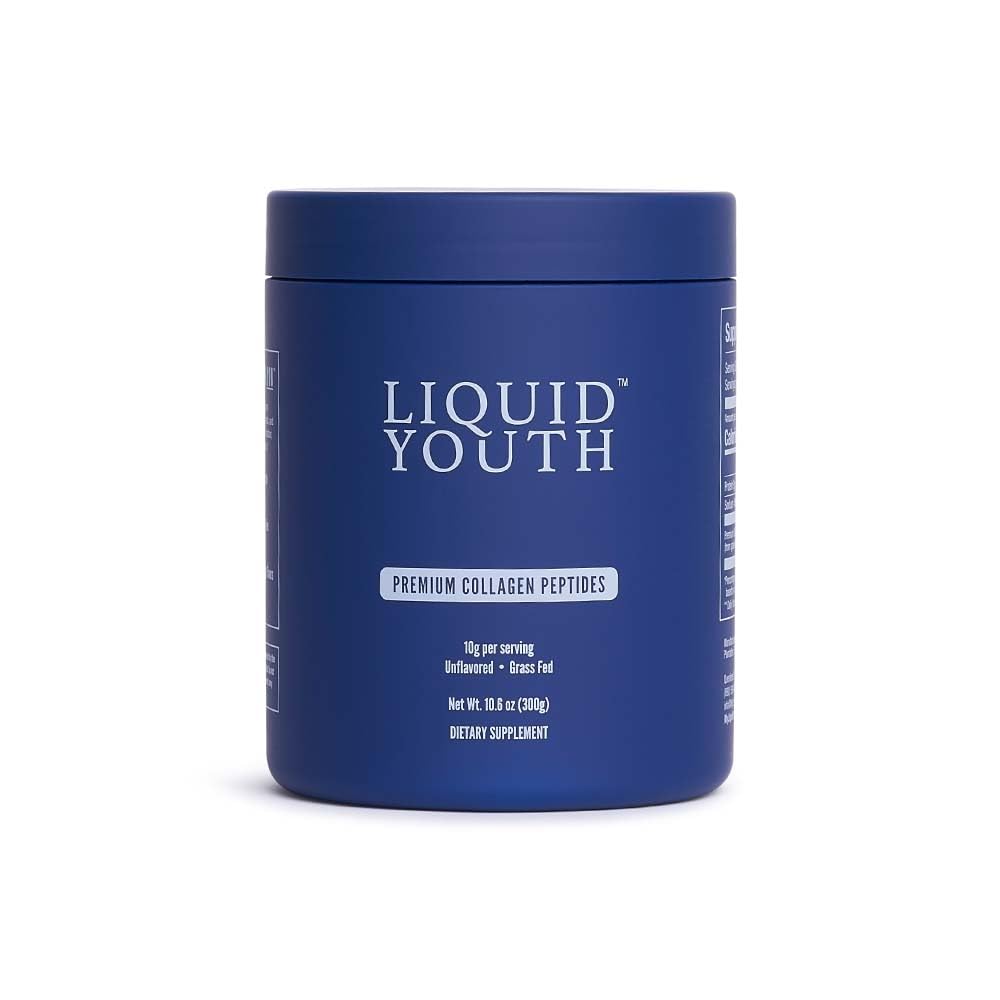 LIQUID YOUTH collagen powder in bottle, unflavored, easy to add to beverages for daily support