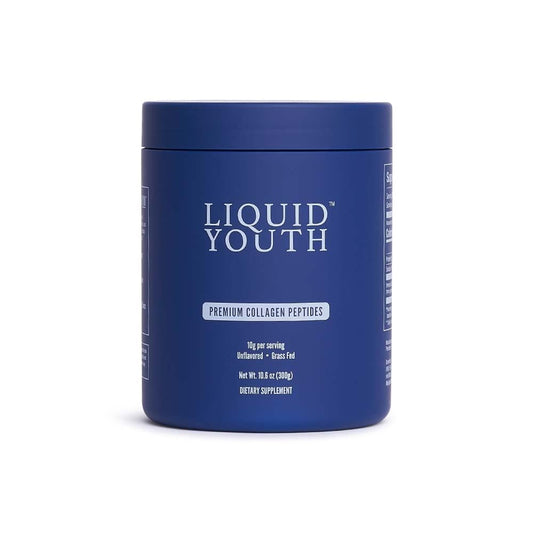 LIQUID YOUTH collagen powder in bottle, unflavored, easy to add to beverages for daily support