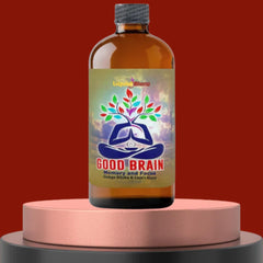 LiquidBlenz Good Brain Tonic with a glass and bottle suggesting convenient daily use