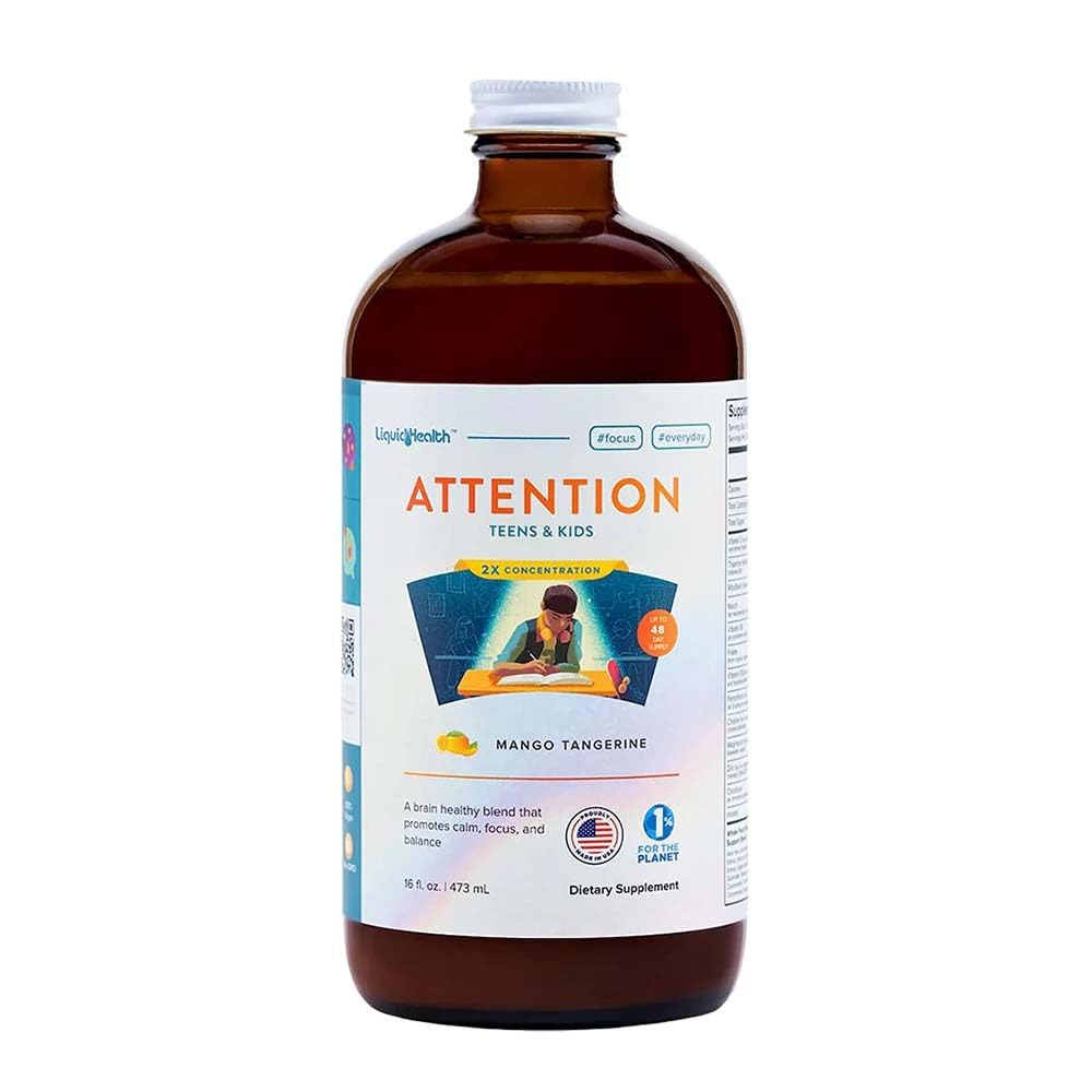 LIQUIDHEALTH Attention bottle close-up highlighting kid-focused multivitamin for focus