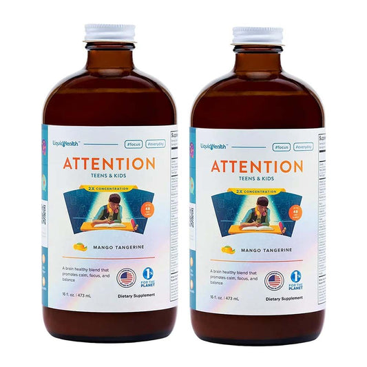 LIQUIDHEALTH Attention bottle front with mango-tangerine flavor for kid-friendly daily vitamins