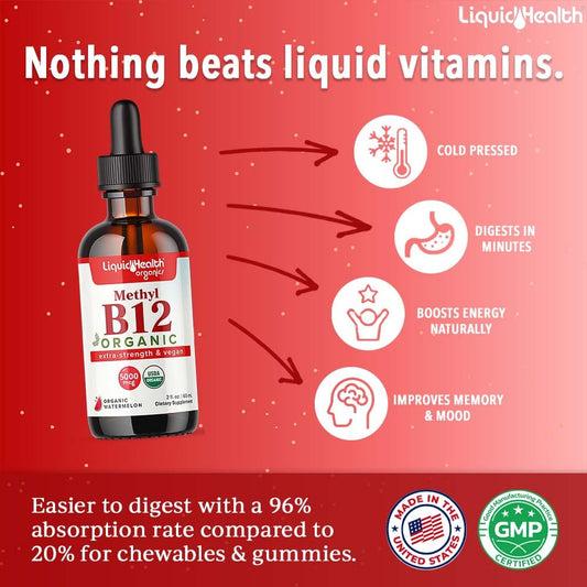LIQUIDHEALTH B12 drops with tart cherry juice shown for flavor-forward energy