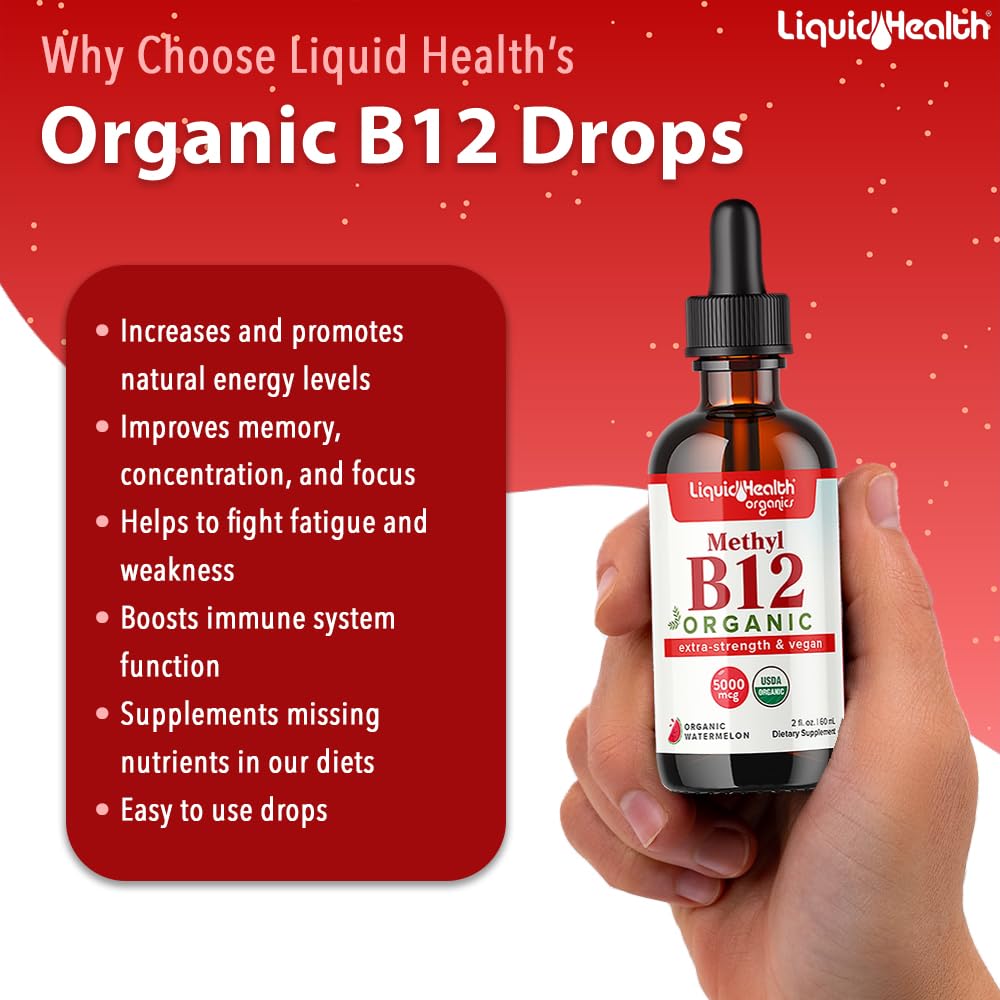 LIQUIDHEALTH B12 label shows USDA Organic and vegan sourcing.